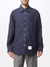Thom Browne Oversize Long Sleeve Shirt With Pocket And Stripe Detail In Blue