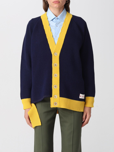Marni Distressed Logo Patch Knit Cardigan In Eclipse