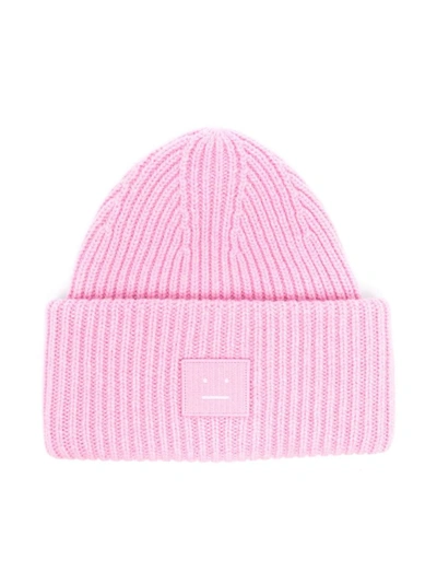 Acne Studios Face-patch Ribbed-knit Beanie In Rose-pink