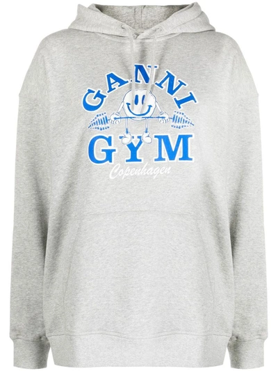 Ganni Logo Organic Cotton Hoodie In Grey