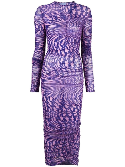 Mugler Ruched Mesh Midi Dress In Violet