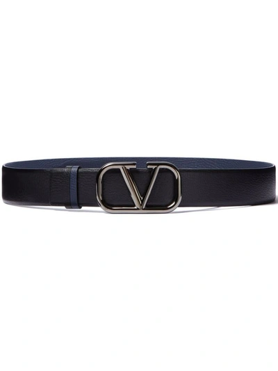 Valentino Garavani Vlogo Signature Reversible Elk-print Calfskin Belt 30 Mm In Black/marine