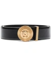Versace Medusa Streamlined Leather Belt With Adjustable Length And Gold-tone Buckle In Nero E Oro