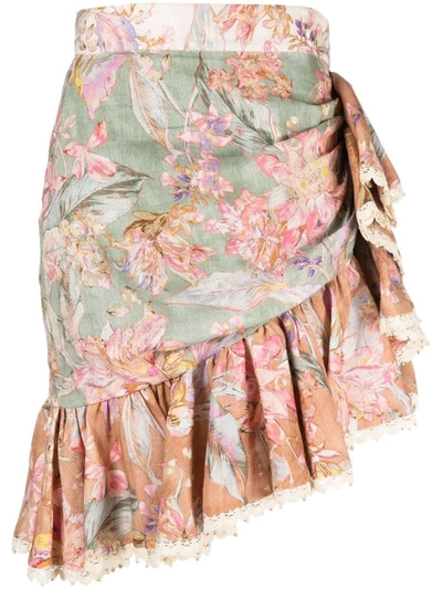 Zimmermann Cira Wrap-effect Ruffled Lace-trimmed Floral-print Linen Skirt In Spliced Multi Floral