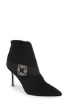 Manolo Blahnik Plinianu 90 Crystal-embellished Satin-trimmed Suede Ankle Boots In Black