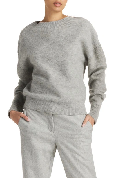 St John Button-cuff Crewneck Brushed Wool Mohair Knit Sweater In Light Heather Gray