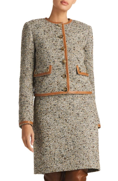 St John Leather Trim Boucle Jacket In Camel/ Ecru Multi