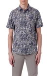 Bugatchi Miles Ooohcotton® Leaf Print Short Sleeve Button-up Shirt In Air Blue