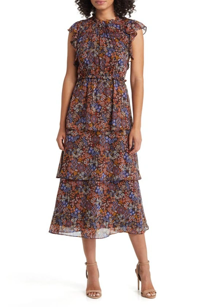 Julia Jordan Floral Ruffle Tiered Midi Dress In Brown Multi