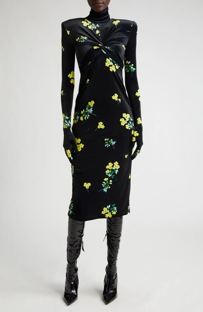 Richard Quinn Floral-print Velvet Midi Dress In Buttercup