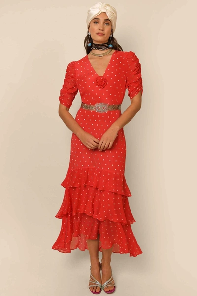 Rixo London Rosheen Ruffled Tiered Polka-dot Chiffon Midi Dress In Red