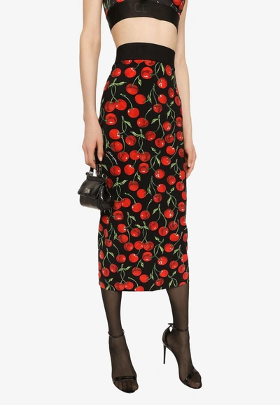 Dolce & Gabbana Cherry Print High-waist Midi Skirt In Multicolor