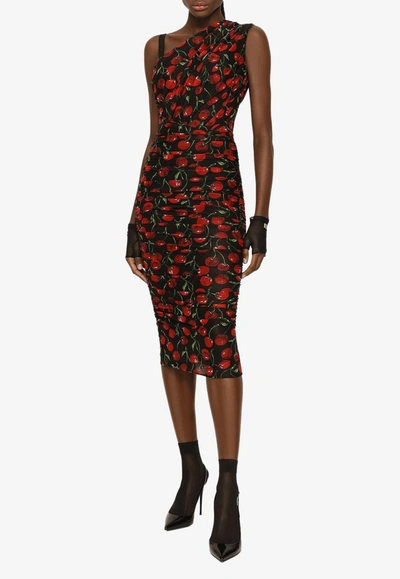 Dolce & Gabbana Cherry Print One-shoulder Midi Dress In Multicolor