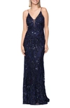 Betsy & Adam Illusion Sequin Coulmn Gown In Navy