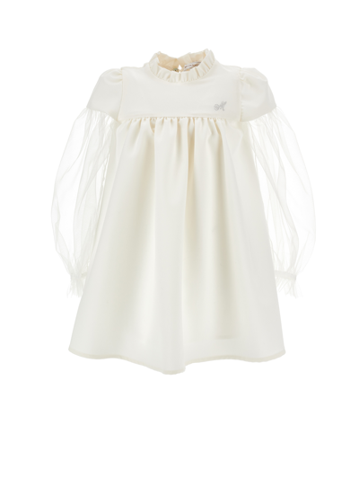 Monnalisa Lightweight Wool Dress With Tulle Sleeves In Cream