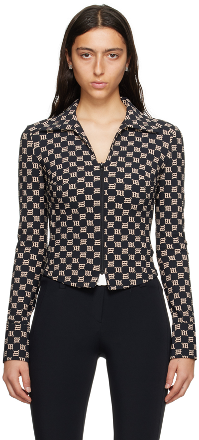 Misbhv Monogram Wide Collar Zip Up Shirt In Black