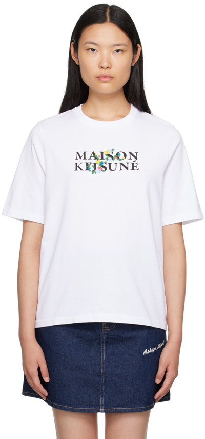 Maison Kitsuné Flower Logo Printed Cotton T-shirt In White