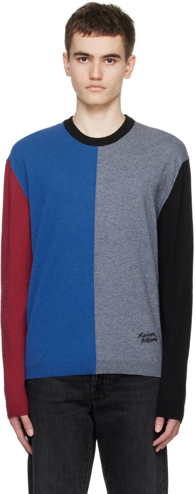 Maison Kitsuné Multicolor Color Block Sweater In M459 Quartz Blue/sto