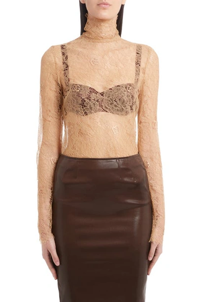 Dolce & Gabbana Sheer-lace High-neck Bouse In Nude & Neutrals