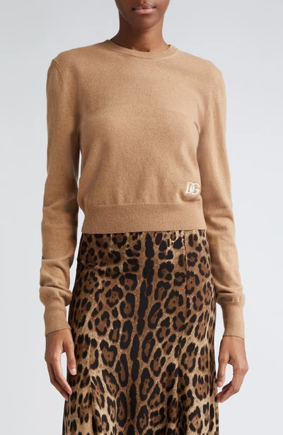 Dolce & Gabbana Cashmere And Wool Cropped Knit Crewneck In Tan