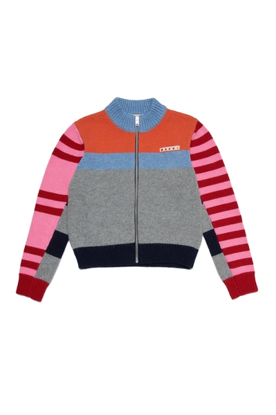 Marni Mk115f Knitwear  Colorblock Striped Wool-blend Sweater With Zip In Orange
