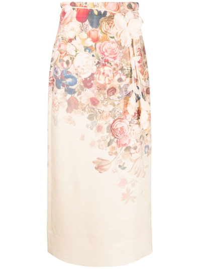 Zimmermann Floral-print Linen Midi Skirt In Morisot Cream Print