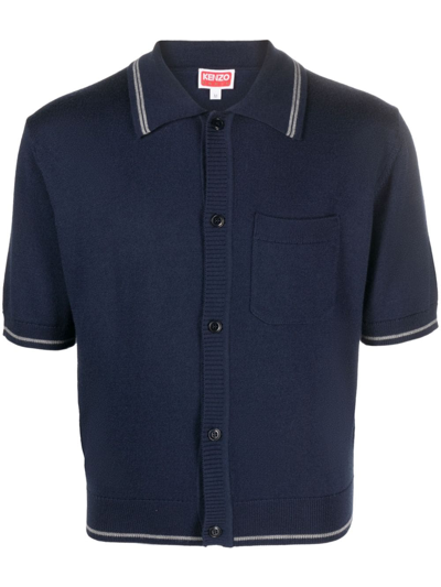 Kenzo Intarsia-knit Logo Wool Polo Shirt In Blue