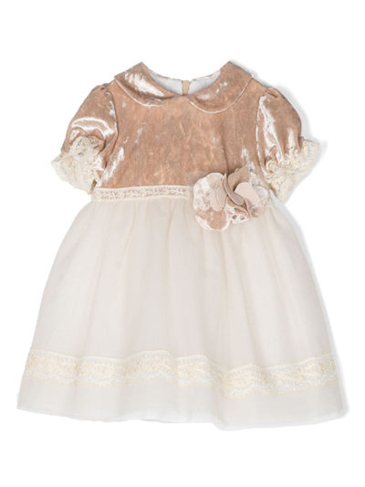 Colorichiari Babies' Floral-appliqué Short-sleeve Dress In Neutrals