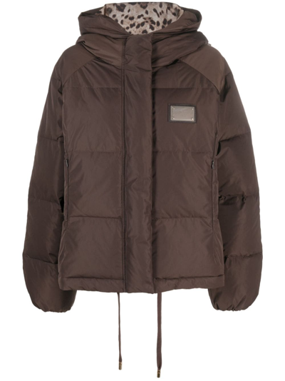 Dolce & Gabbana Logo Plate Down Jacket In Brown