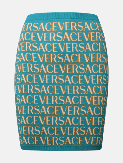 Versace Allover Logo-print Knitted Skirt In Light Blue