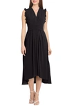 Maggy London V-neck Ruffled A-line Midi Dress In Black