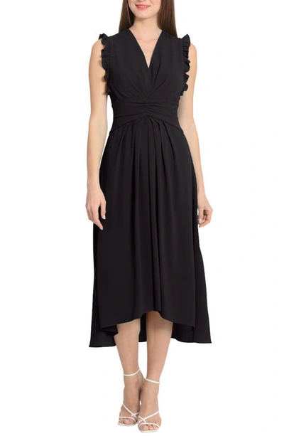 Maggy London V-neck Ruffled A-line Midi Dress In Black