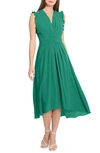 Maggy London V-neck Ruffled A-line Midi Dress In Golf Green