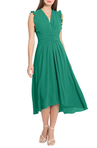 Maggy London V-neck Ruffled A-line Midi Dress In Golf Green