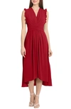 Maggy London V-neck Ruffled A-line Midi Dress In Equestrian Red