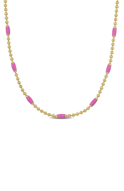 Delmar 18k Gold Plated Sterling Silver Pink Enamel Station Ball Chain Necklace