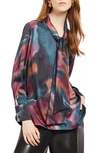 Misook Watercolor Tie Neck Crepe De Chine Blouse In Teal/ Multi