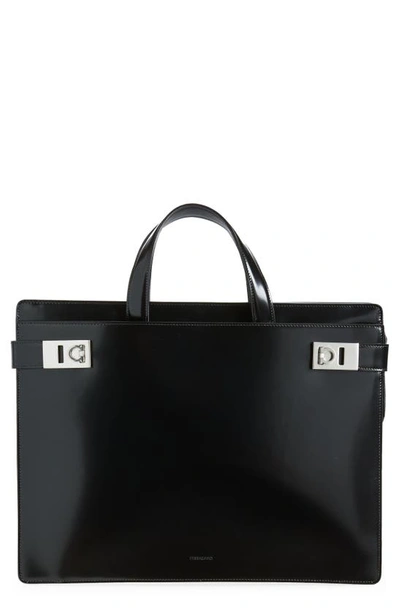 Ferragamo Briefcase With Gancini Buckles In Black
