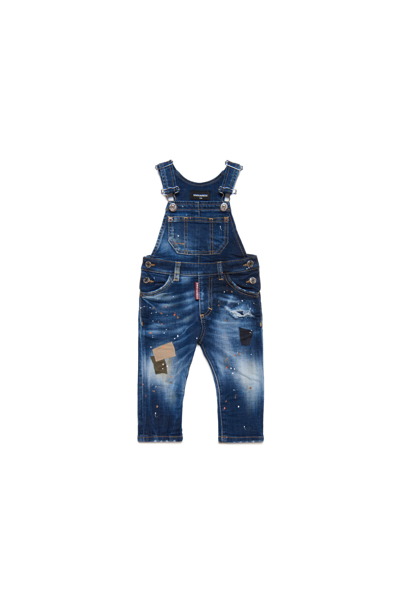 Dsquared2 Babies' D2j217b Overalls Dsquared Shaded Dark Blue Denim Dungarees With Patches And Spots