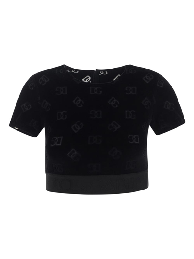 Dolce & Gabbana Flocked Jersey T-shirt With All-over Dg Logo In Black