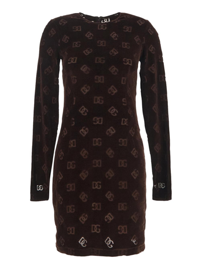 Dolce & Gabbana Flocked Jersey Mini Dress In Brown