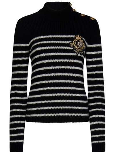 Balmain Striped Sweater With Logo Patch In Multi-colored