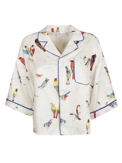 Red Valentino Silk Twill Short Sleeve Printed Shirt In White,blue