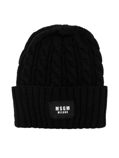 Msgm Kids' Logo-patch Cable-knit Beanie In Black