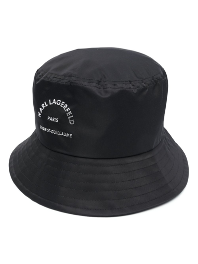 Karl Lagerfeld Address-print Drawstring Bucket Hat In Black