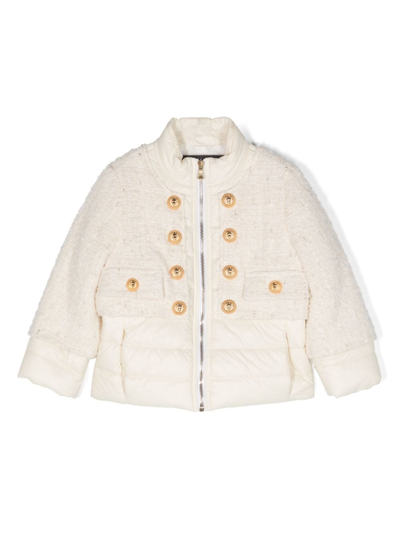 Balmain Kids' Tweed-panel Puffer Jacket In White