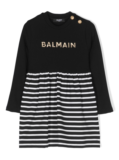 Balmain Babies' Logo-lettering Long-sleeve Dress In Black