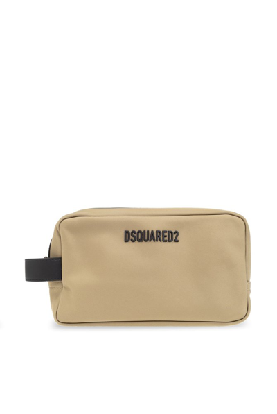 Dsquared2 Logo Lettering Zipped Wash Bag In Beige