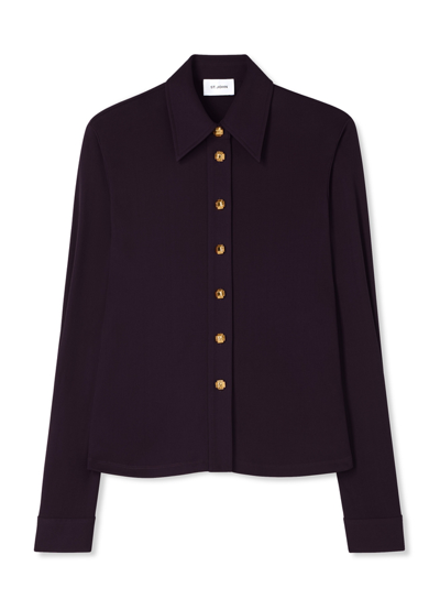 St John Crepe Jersey Button Front Blouse In Aubergine