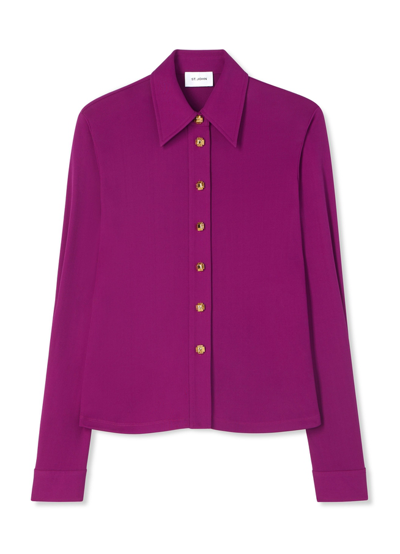 St John Crepe Jersey Button Front Blouse In Deep Magenta